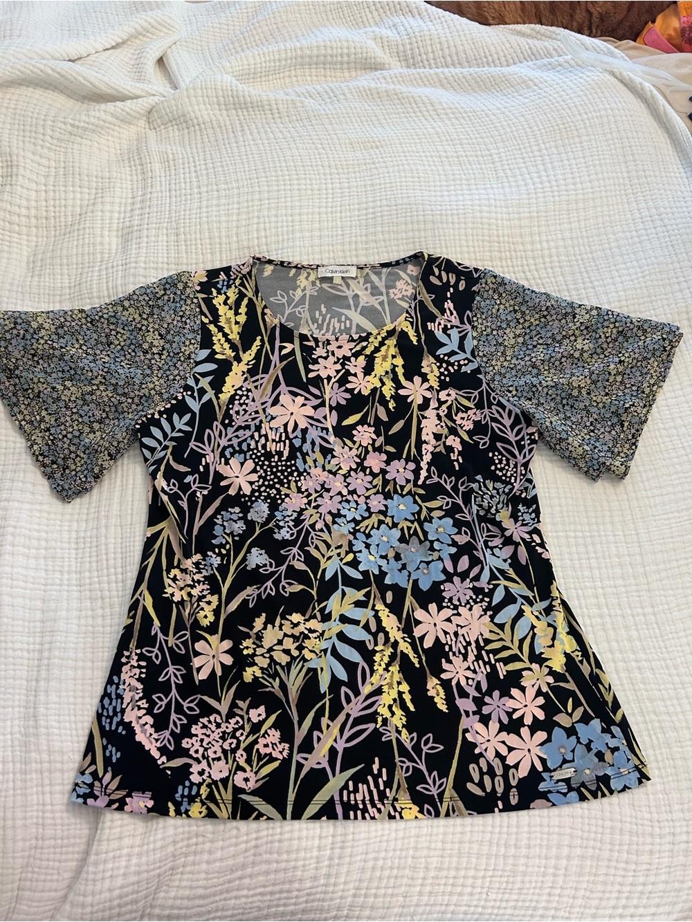 Calvin Klein Floral Round Neck Mixed Print Top — Pastel Blooms on Black